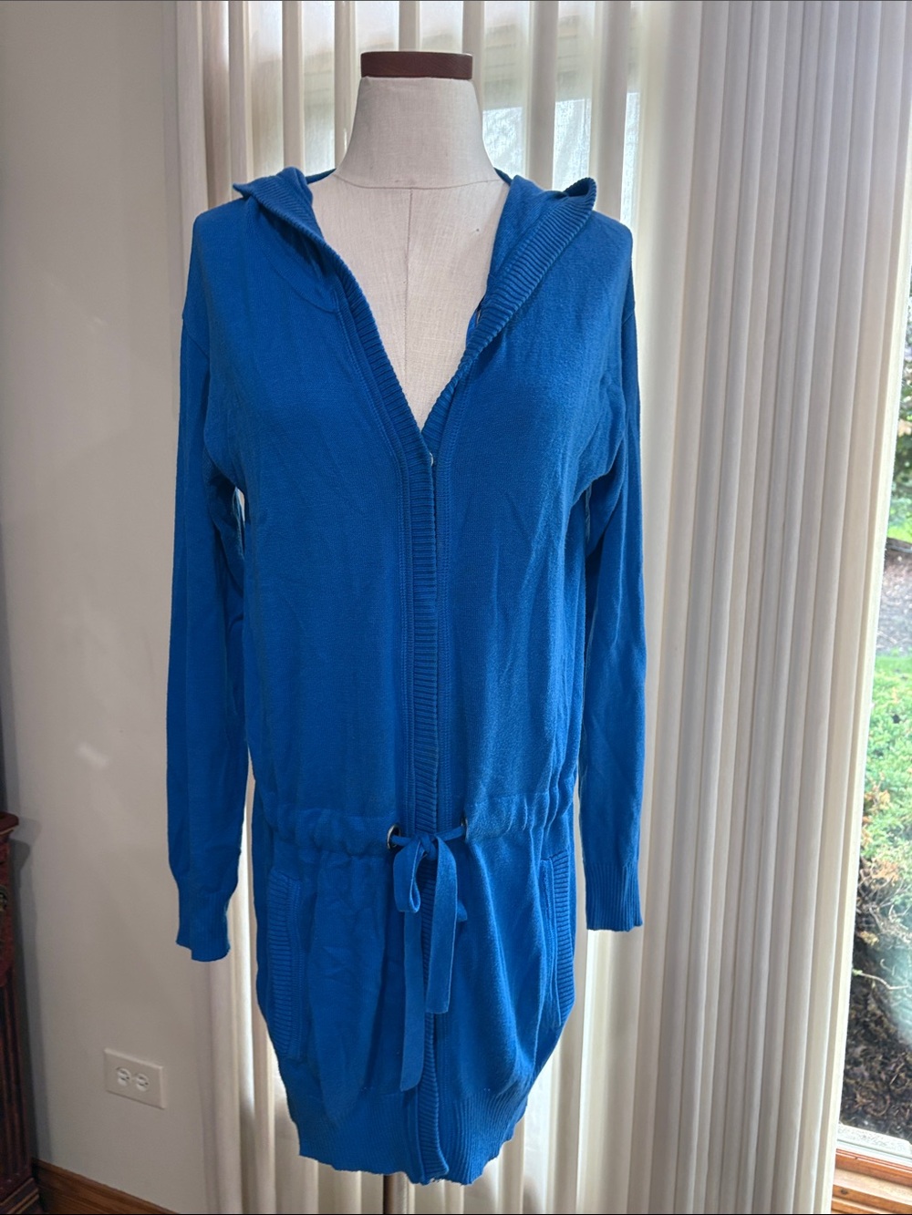 Kenneth Cole Bright Blue Hooded snap Front Knit Coatigan cardigan draw string S